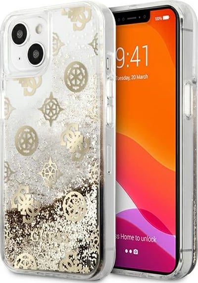 Mbështjellës Guess Peony Liquid Glitter për iPhone 13 mini 5.4", ari