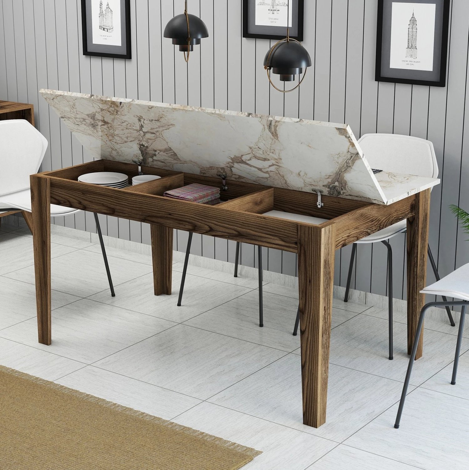 Tavolinë ngrënieje standarde, pamje mermeri të bardhë, me hapësirë ruajtjeje, FH9507.03, 145x88x75H cm