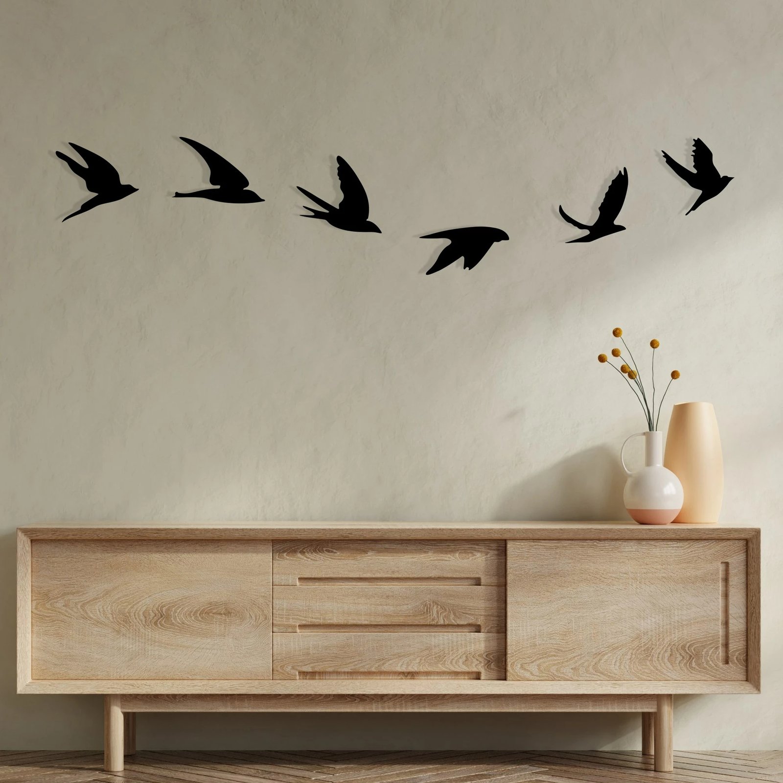 Aksesor dekorativ metalik për mur, zogj të zinj, set Umudo