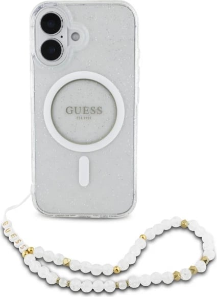 Mbështjellës Guess IML Glitter me rrip perlash MagSafe për iPhone 16 Plus, Transparent