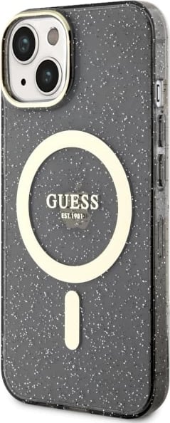 Mbështjellës Guess Glitter Gold MagSafe për iPhone 14, i zi