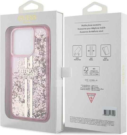 Mbështjellës Guess Liquid Glitter Gold Stripes për iPhone 15 Pro, Rozë Mbështjellës Guess Liquid Glitter Gold Stripes për iPhone 15 Pro, Rozë