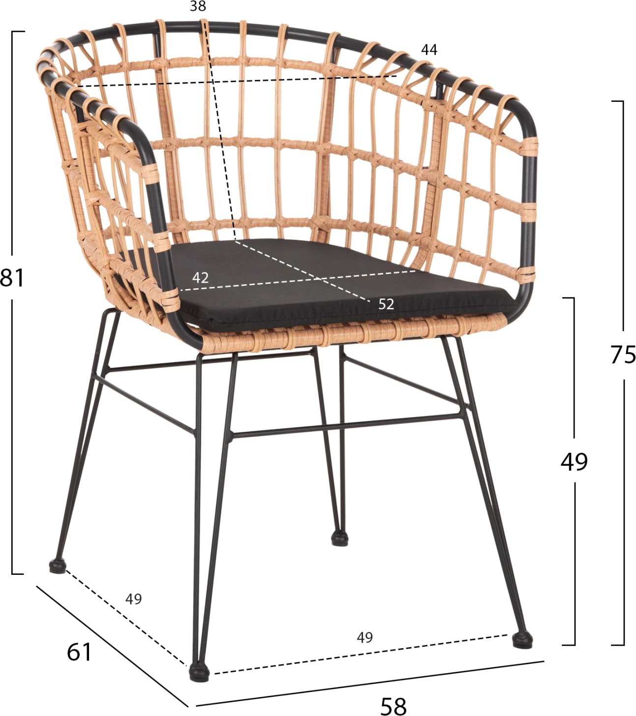 Karrige për jashtë ALLEGRA FH5456.11 metalike & jastëk ngjyrë e zezë - Wicker bezhë 58x61x81Hcm