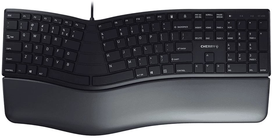 Tastierë, Cherry, KC 4500 ERGO (JK-4500EU-2), ergonomike me layout US-International, me mbështetëse kyçesh, e zezë