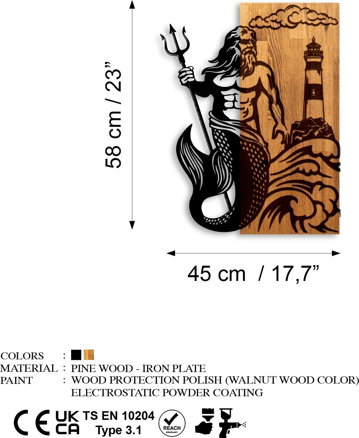 Aksesor muri dekorativ prej druri, Wallity, Poseidon, ngjyrë arre dhe e zezë, 45x58x3cm