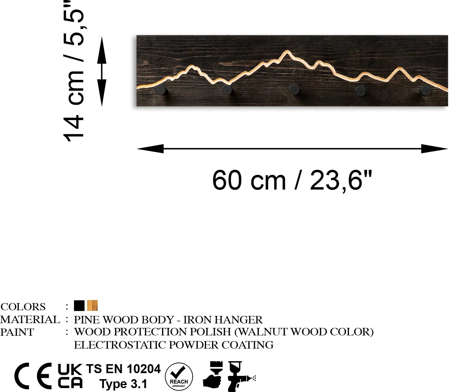 Varëse muri prej druri Wallity, Mountain 1, e zezë, 60x14x5cm