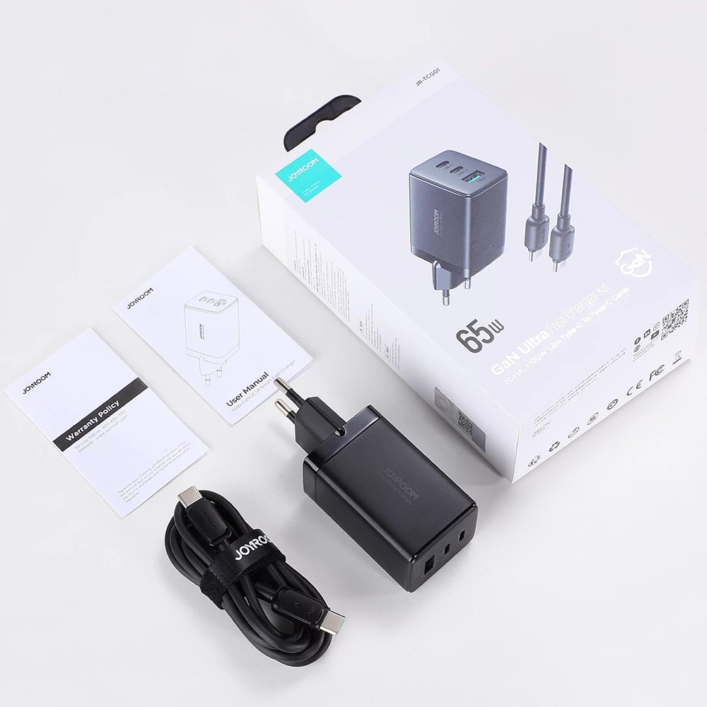 Karikues i shpejtë GaN Joyroom TCG01, 65W, 2x USB-C & 1x USB-A, me kabllo USB-C në USB-C 100W, i zi