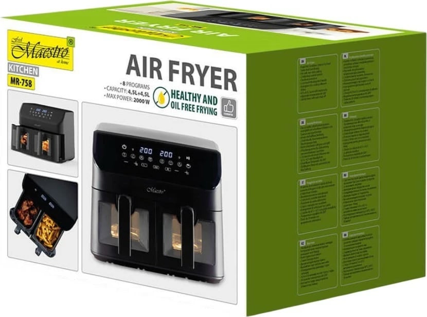 Friteuzë me ajër dyfishe Feel-Maestro MR-758, 9L (2x4.5L), 2000W, 8 programe, ekran LCD, e zezë