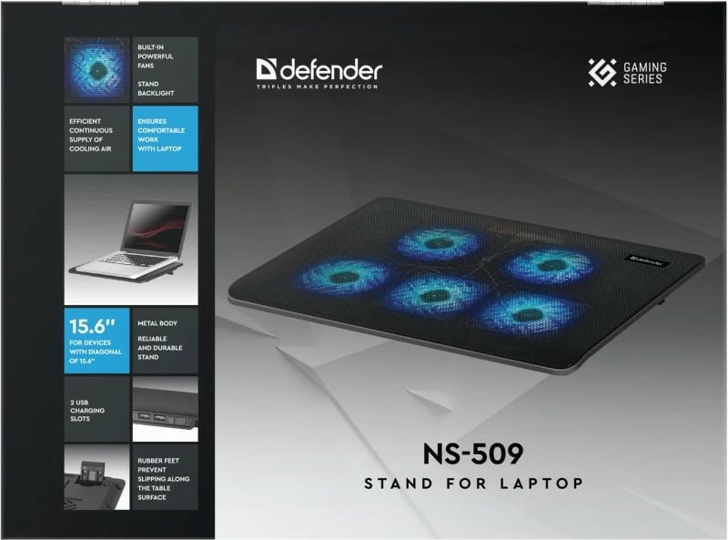 Mbajtëse ftohëse Defender NS-509 për laptop, 15.6-17", 5 ventilatorë, 2xUSB, Metal, E zezë