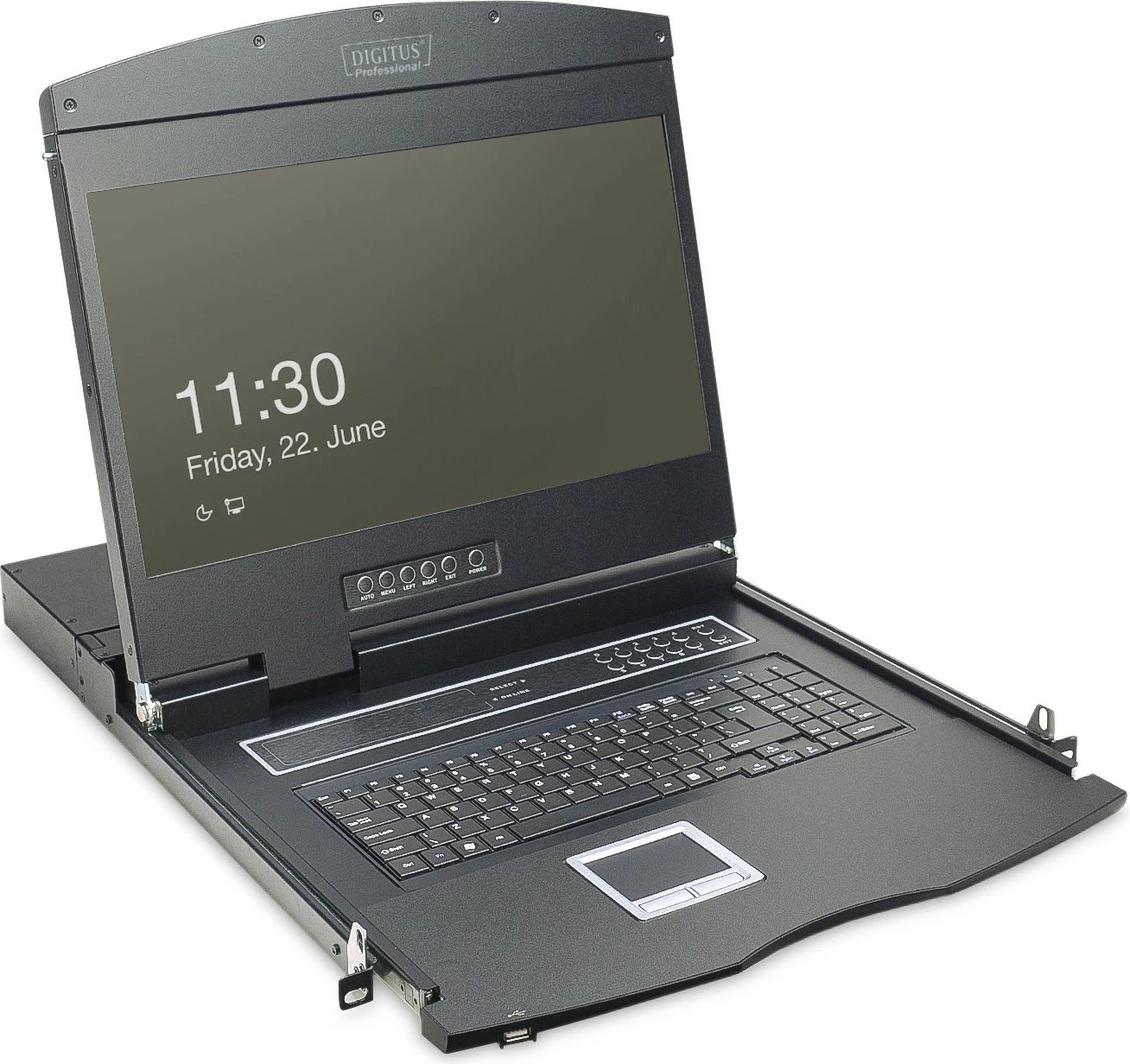 Konsolë KVM Digitus 19", 8 porta, tastierë gjermane, TFT, 1366x768, e zezë
