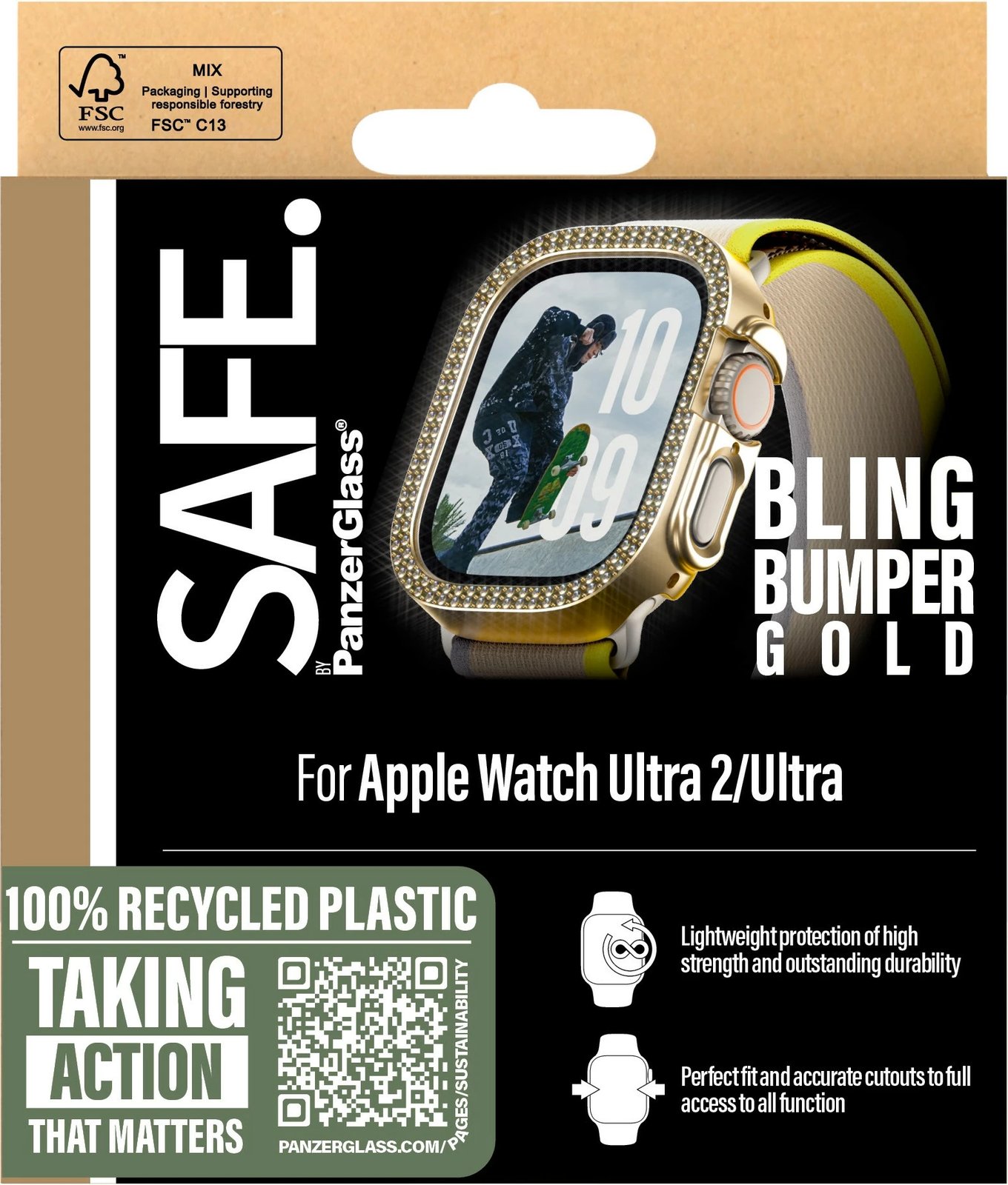 Mbështjellës PanzerGlass SAFE Bling Bumper për Apple Watch Ultra 2, transparent gold