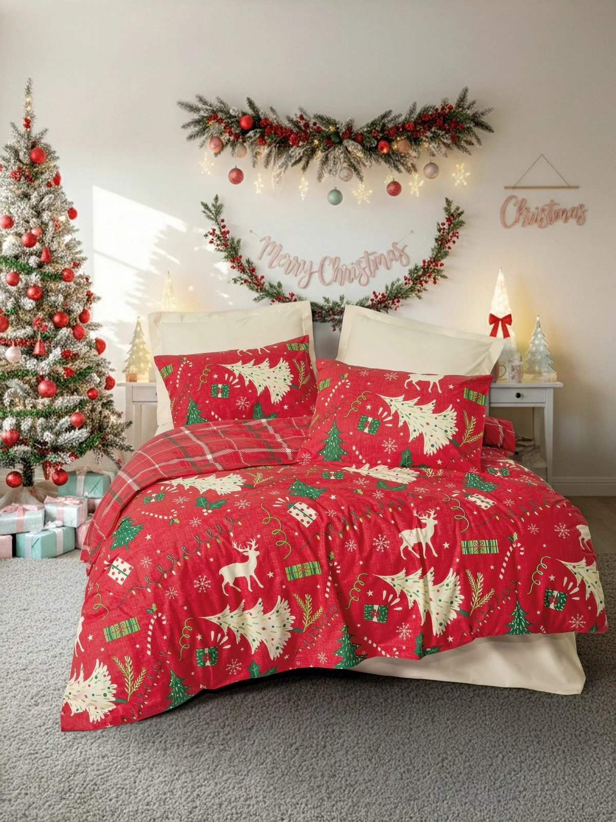 Set mbulesë për jorgan King, Ranforce, Joyful, ngjyrë e kuqe, L'Essentiel Linge de Maison