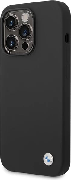 Mbështjellës BMW Silicone Metal Logo për iPhone 15 Pro, i zi