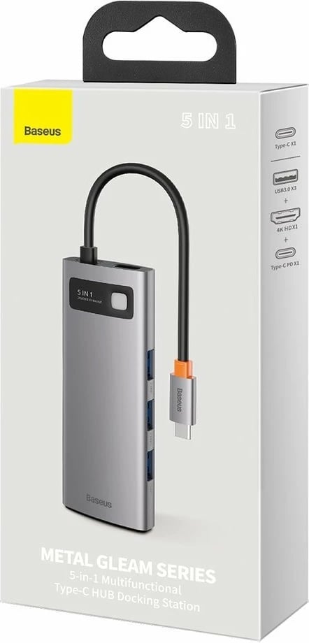 HUB Baseus Metal Gleam Series 5-in-1, CAHUB-CX0G, 100W PD, HDMI 4K, 3x USB 3.2, Gri
