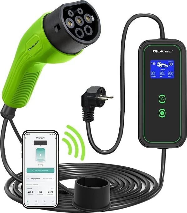 Karikues mobil Qoltec për vetura elektrike, 3.5kW, 230V, Wi-Fi, LCD, 5m