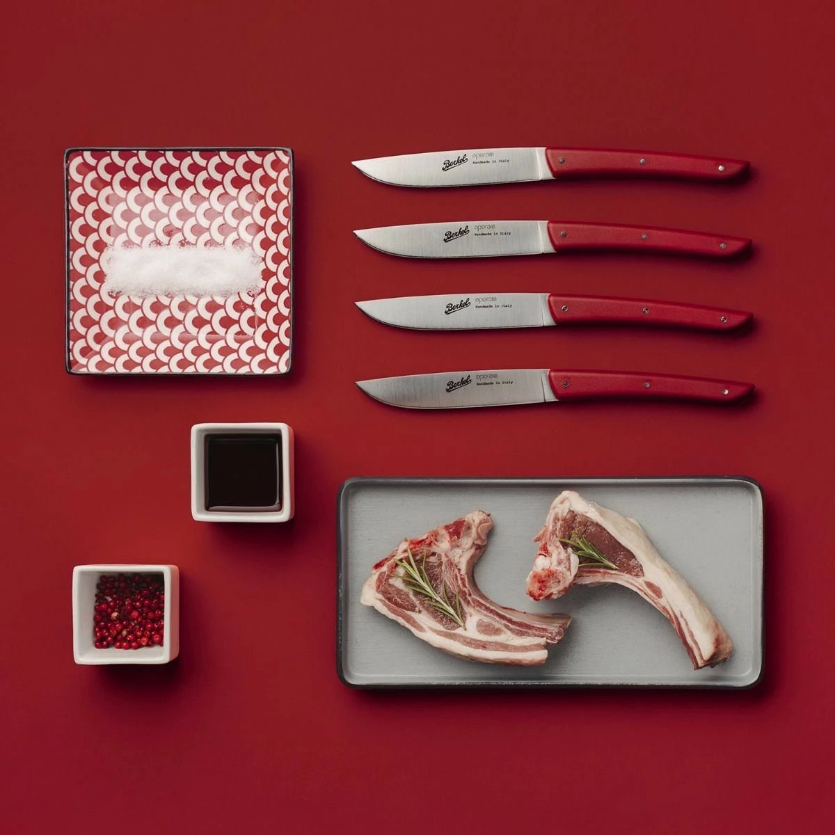 Set thika steak Berkel 4 copë, çelik inox, dorezë e kuqe