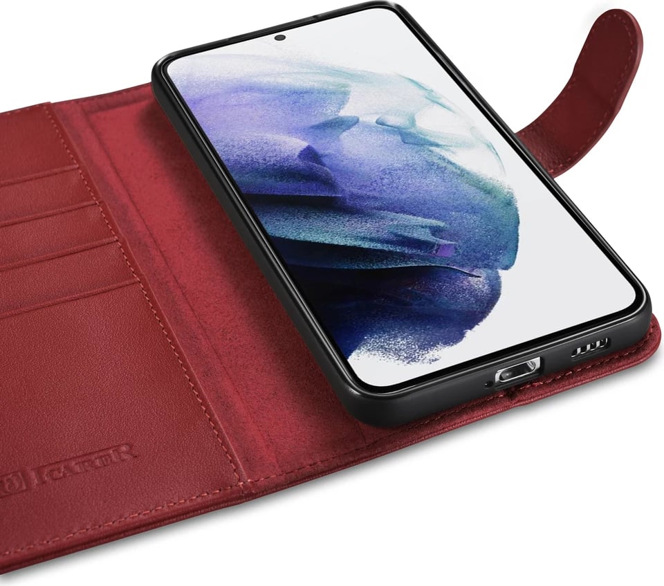Mbështjellës lëkure iCarer Haitang për Samsung Galaxy S22+, me portofol dhe qëndrim, Kuq