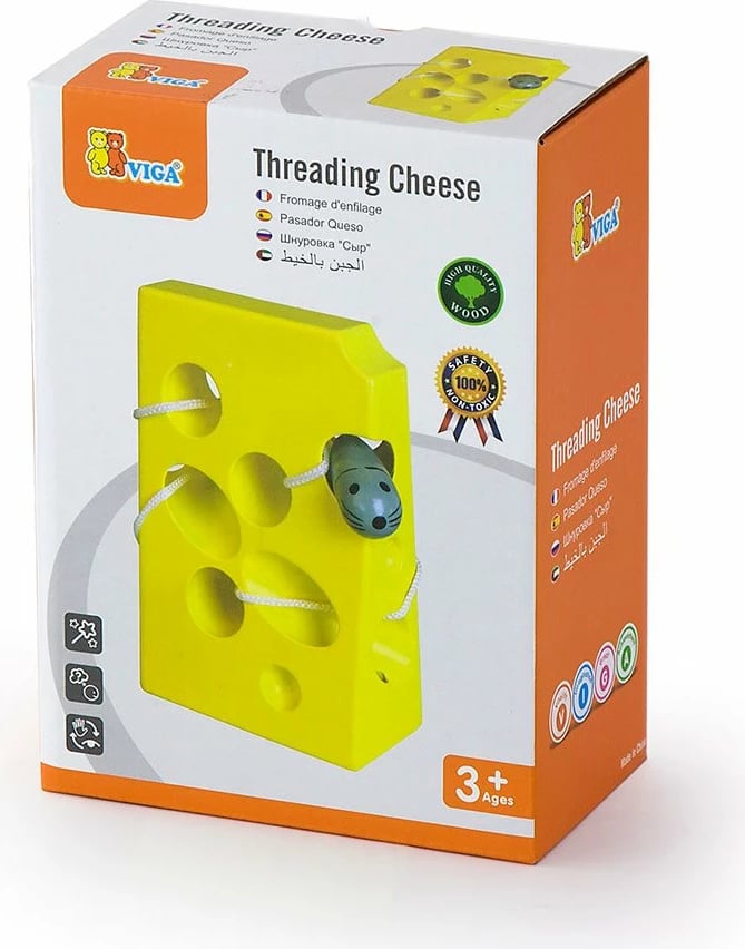 Lodër druri manipulative Viga Mouse in Cheese, labirint me fije, 14 x 5 x 8.5 cm, multingjyrës