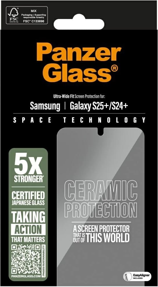 Mbështjellës qelqi qeramik PanzerGlass Ultra-Wide Fit për Samsung Galaxy S25+, Transparent