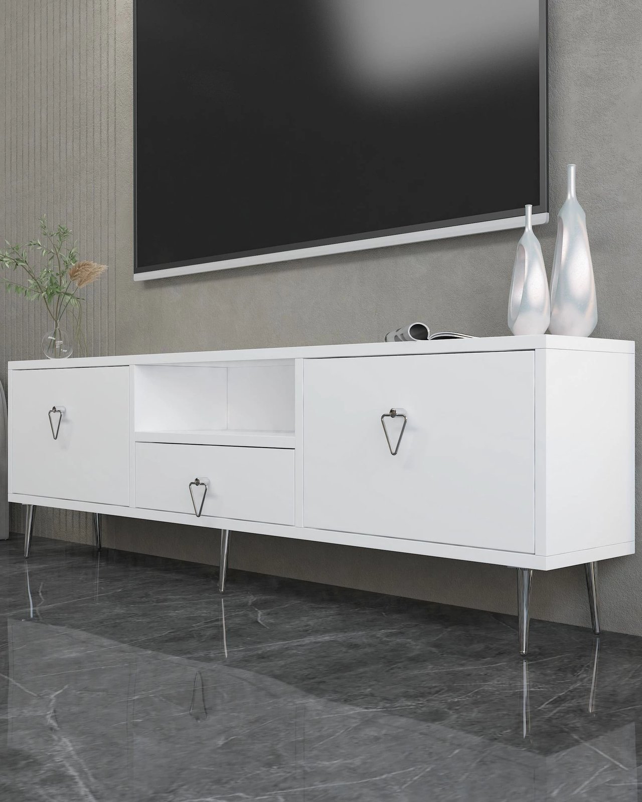 Komodë TV Skye Decor, 1306-DROP-1, e bardhë, argjend