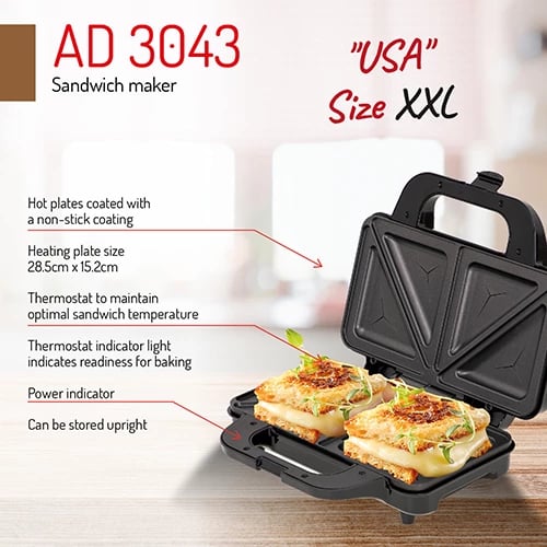 Toster sanduiçesh Adler AD 3043, XXL, 1300W, pllaka 28.5x15.2cm, termostat, veshje jo-ngjitëse, zi/argjendtë