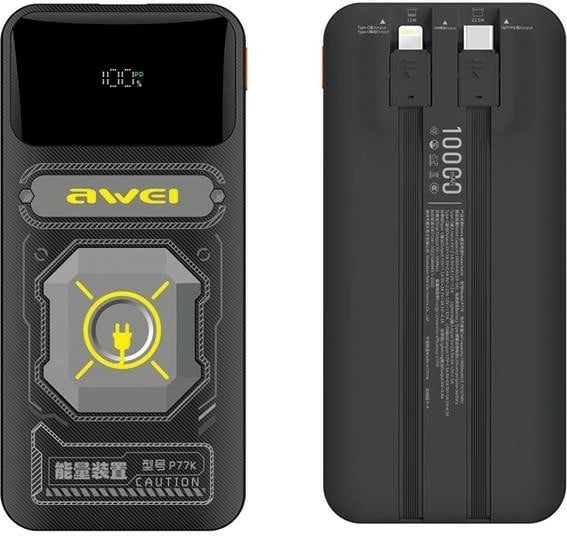 Powerbank AWEI P77K, 10000mAh, 22.5W, me kabllo të integruara Lightning dhe USB-C, e zezë