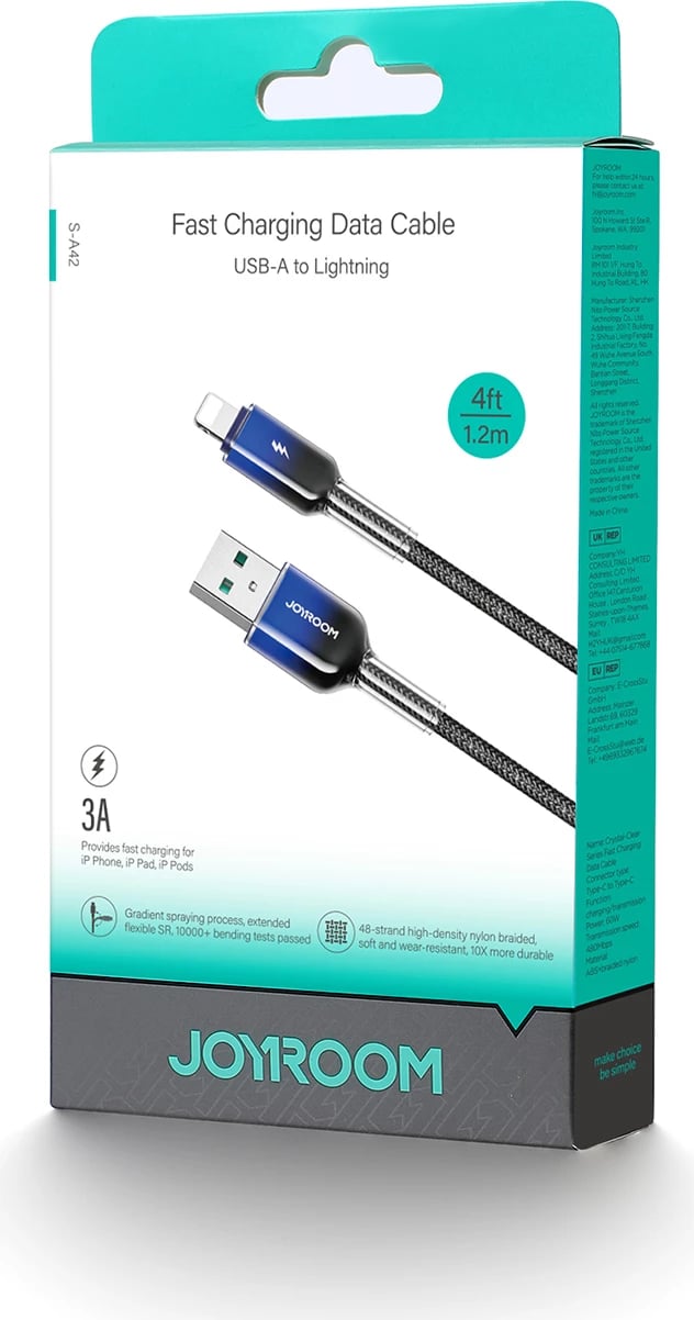 Kabllo Joyroom S-A42 Crystal-Clear Series, USB-A në Lightning, 1.2m, 3A, e zezë
