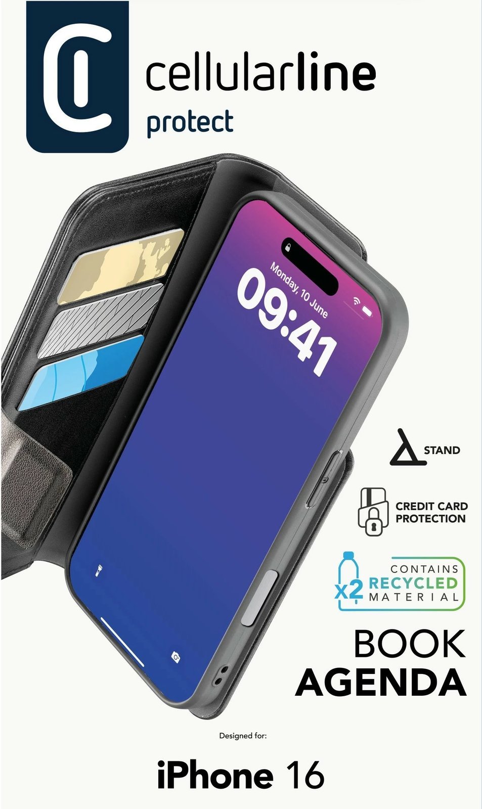 Mbështjellës Cellular Line Book Agenda 2 për iPhone 16, e zezë