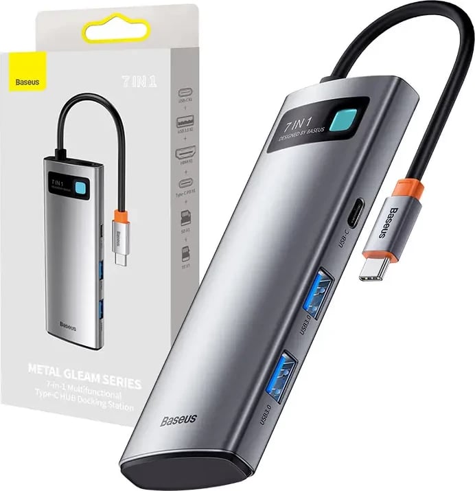 Hub Baseus 7-në-1, USB-C në 2x USB 3.0 + HDMI + USB-C PD, Gri