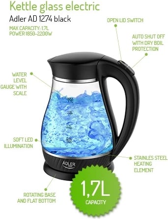 çajnik elektrik qelqi, Adler AD 1274, 1.7L, 2200W, ndriçim LED, i zi