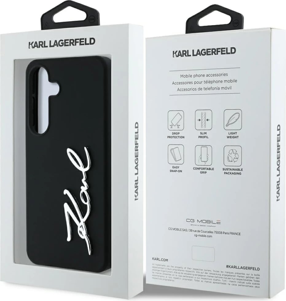 Mbështjellës Karl Lagerfeld Silicone Metal Signature Logo për Samsung Galaxy S25, i zi