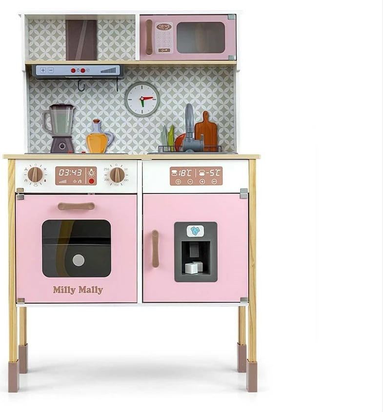 Kuzhinë loje prej druri, Milly Mally, Bjorn, me drita e tinguj, e rregullueshme në lartësi, me aksesorë, rozë