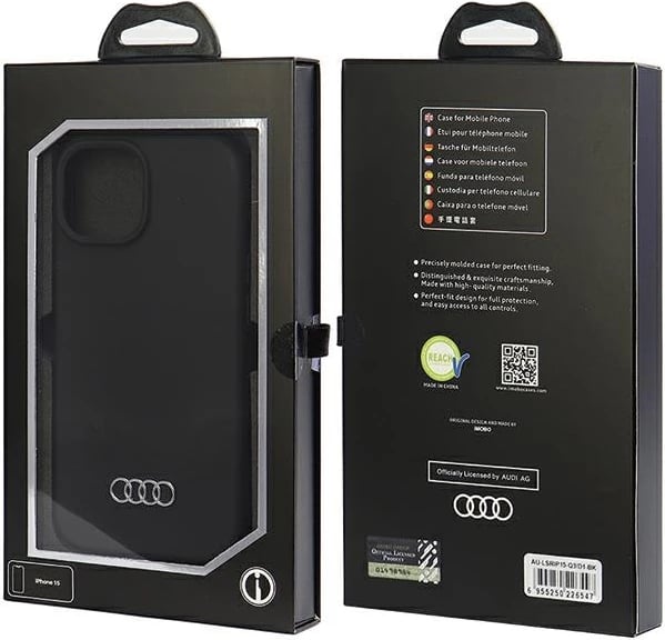 Mbështjellës Audi për iPhone 15, silikon, i zi