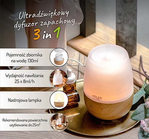 Difuzor arome ultrasonik 3-në-1, Adler AD 7967, rezervuar 130ml, deri 25m², 7 ngjyra LED, AUTO-OFF