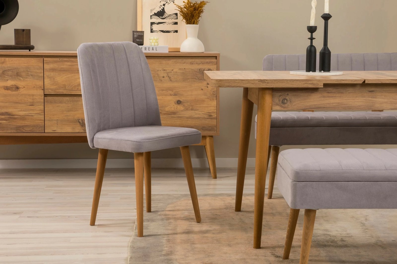 Set tavoline me karrige, konsolë, i zgjatshëm, 7 pjesë, Skye Decor, Vina 03 0701, ngjyrë Atlantic Pine, gri