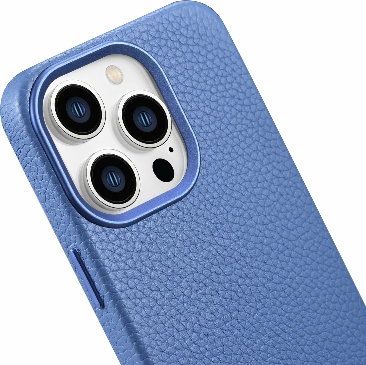 Mbështjellës iCarer Litchi Premium për iPhone 14 Pro, lëkurë natyrale, MagSafe, kaltër