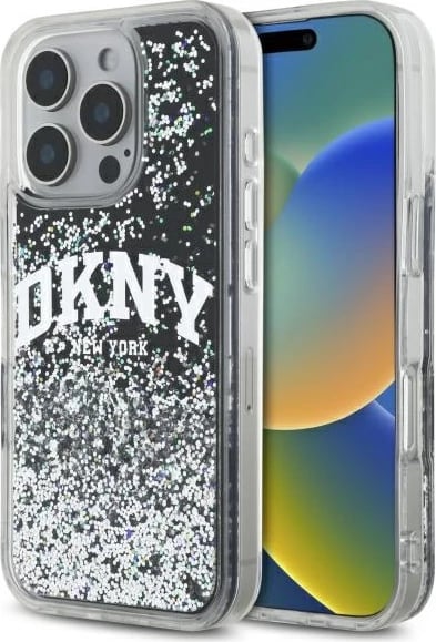 Mbështjellës DKNY DKHCP16LLBNAEK për iPhone 16 Pro 6.3", hardcase, Liquid Glitter Arch Logo, zi