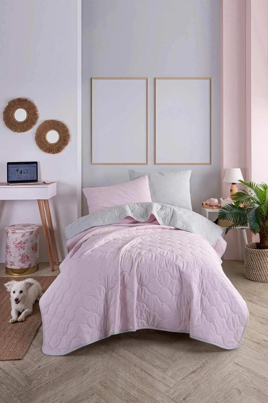 Set mbulesë krevati teke, ngjyrë pluhur dhe gri, L'essentiel