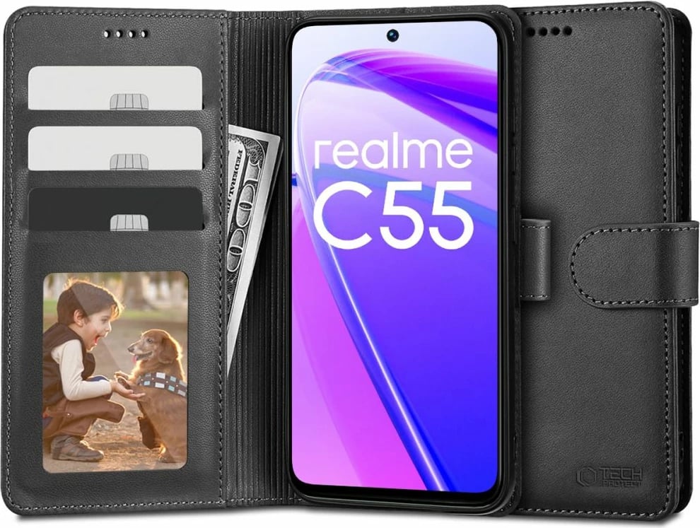 Mbështjellës Tech-Protect Wallet për Realme C55, eko-lëkurë, i zi