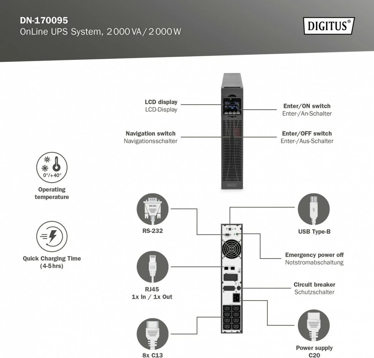 UPS online Digitus DN-170095, 2000VA/2000W, rack 19", LCD, i zi UPS online Digitus DN-170095, 2000VA/2000W, rack 19", LCD, i zi