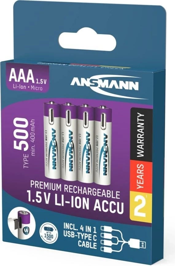 Bateri të rikarikueshme AAA ANSMANN 1311-0028, 500 mAh, Li-Ion, 1.5V, 4 copë, Bardhë