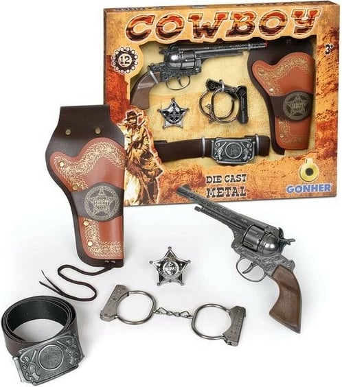 Set kauboj Gonher me 5 pjesë, Pulio, revole metalike, rrip, pranga, yll sherifi, Kafe/Zeze