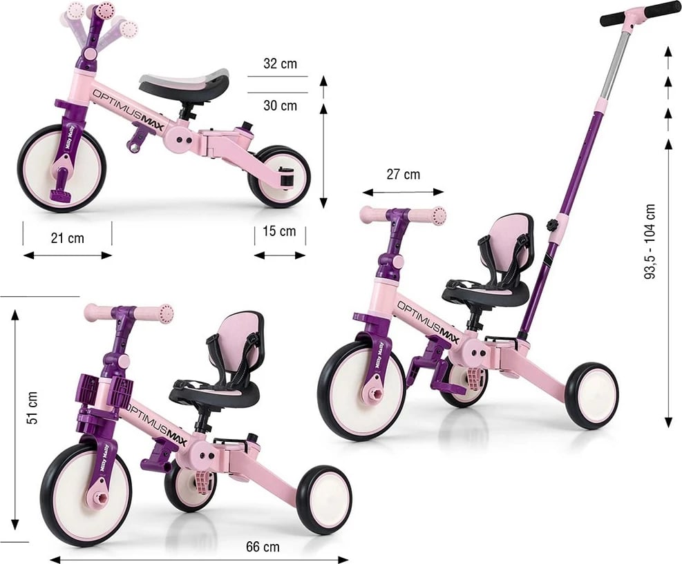 Tricikël 5‑në‑1 me dorezë prindërore, Milly Mally Optimus Max, rrota shkumë, kornizë çeliku, palosshëm, 12M+, ngarkesë 25 kg, rozë
