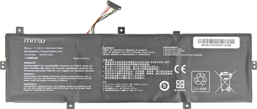 Bateri laptop Mitsu BC/AS-UX430 për Asus Zenbook UX430, 3400mAh, 11.55V