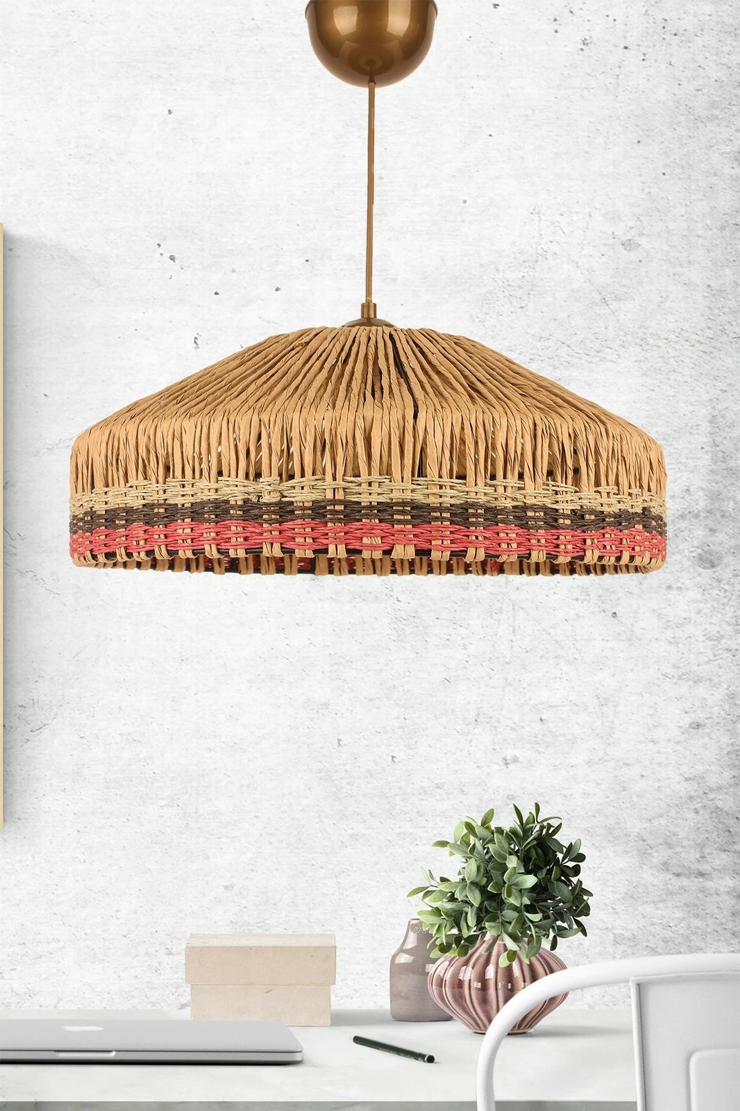 Llambë tavani Opviq, BK025, trup metalik, kapak makrame, ngjyrë ecru