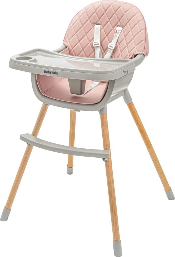 karrige ushqimi e lartë, Baby Mix, Freja, 2-në-1 e kthyeshme në karrige të ulët, tabaka dyshe e rregullueshme, këmbë druri, rrip 5-pikësh, rozë e zbehtë