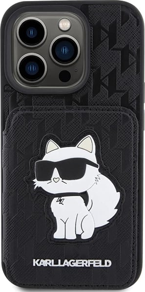 Mbështjellës Karl Lagerfeld Saffiano Cardslots & Stand Monogram Choupette për iPhone 15 Pro Max, i zi