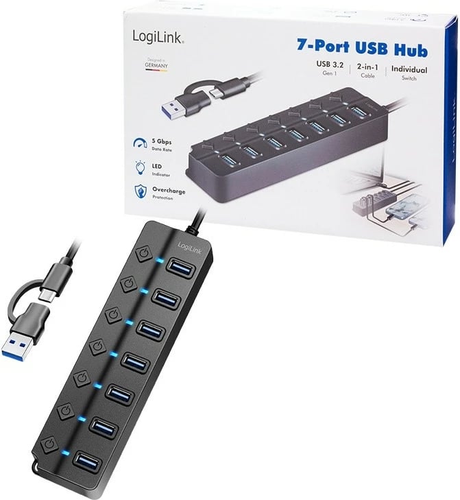 HUB USB LogiLink UA0420, 7x USB-A, 3.2 Gen1, me butona ON/OFF, i zi