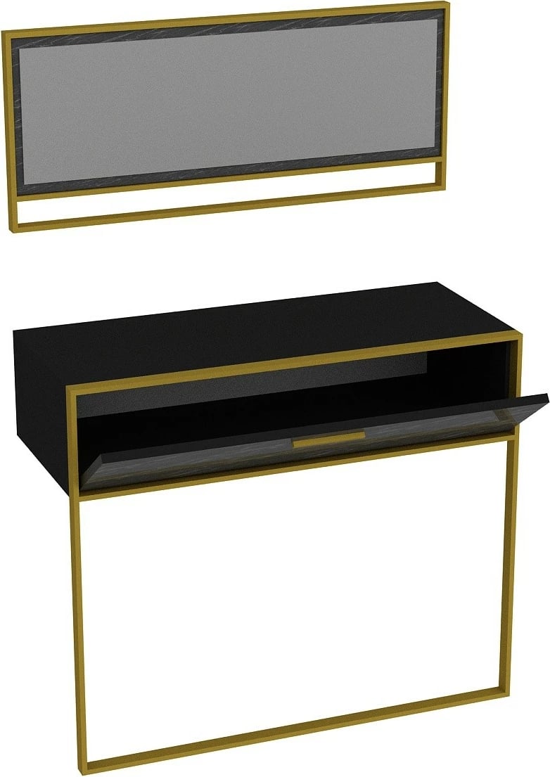 Komodë anësore Baroque, ngjyrë e zezë dhe ari, me pasqyrë, Polka Aynalı