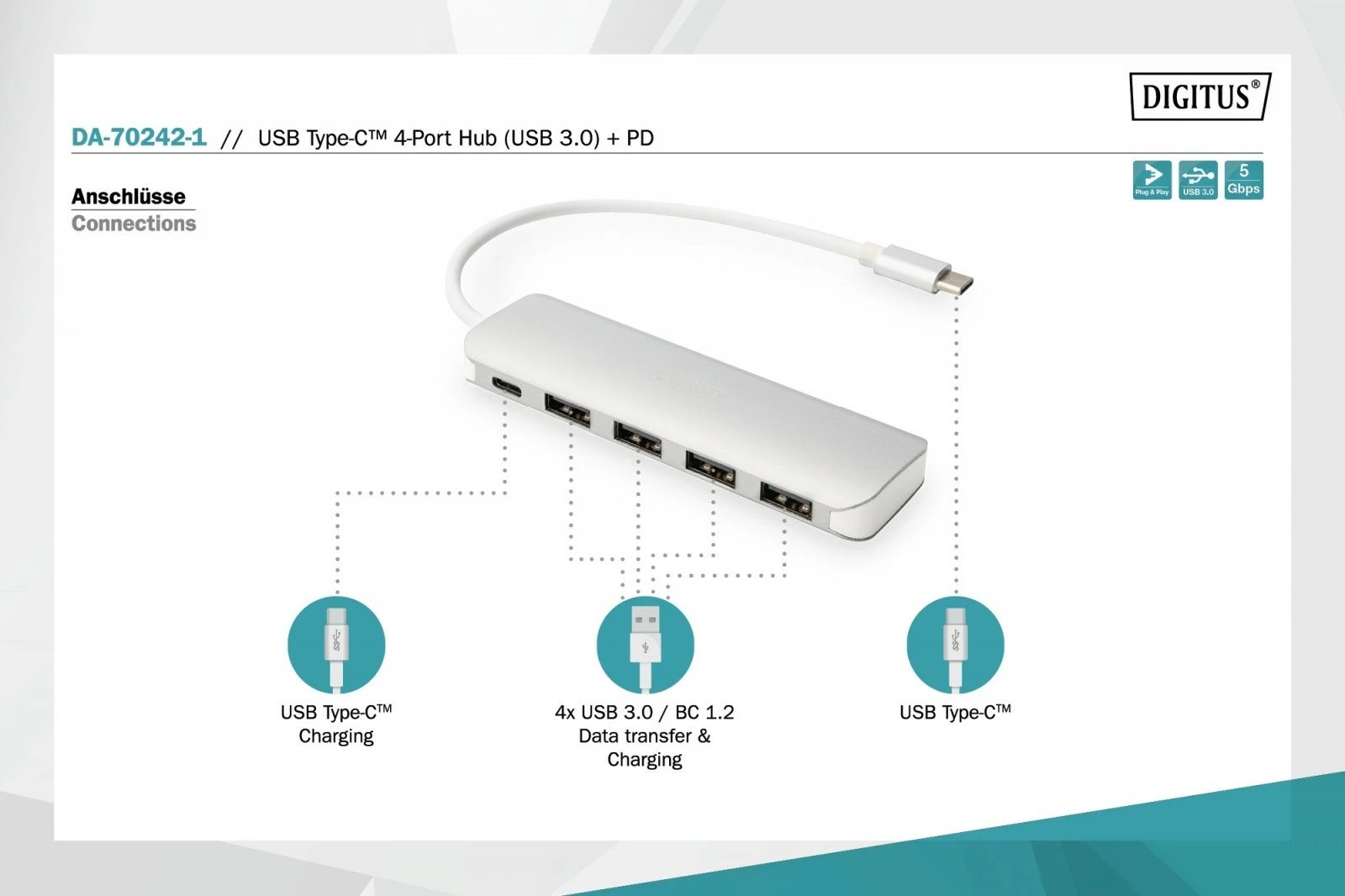 HUB USB 3.0 Digitus DA-70242-1, 4 porta, Type-C PD, alumini, argjendtë